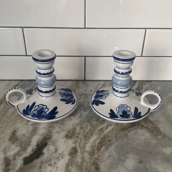 VTG Blue & white candle sticks Japan. Cottagecore primative farmhouse rustic - Picture 1 of 8